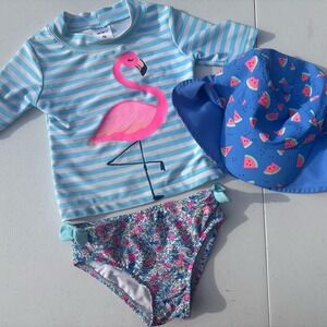 Carter's Swim Set Toddler 2T Blue Flamingo Floral 3pc Rash Guard GREAT CONDITION